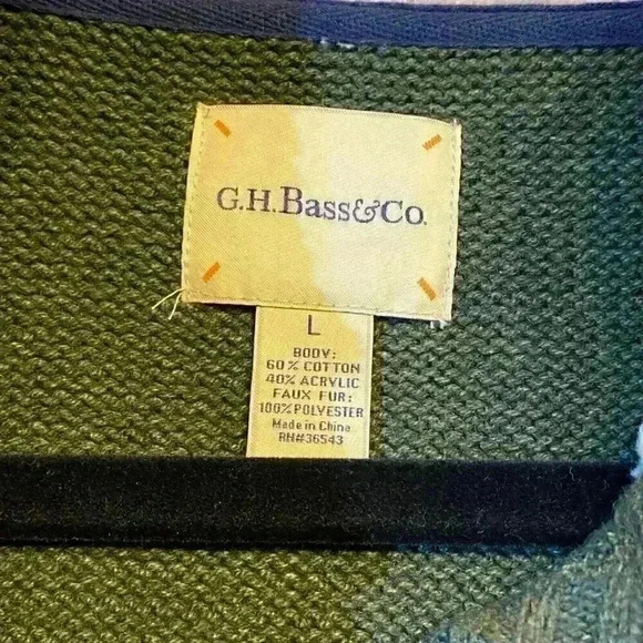 G.H. Bass & Co Men 1/4 Button Sweater LARGE Forest Green Striped Pullover Winter - Picture 5 of 6